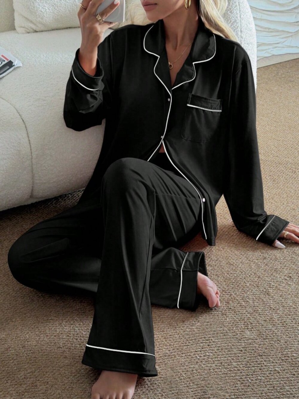 Black Elegant Women's Notched Collar Long Sleeve top & pants Pajama Set